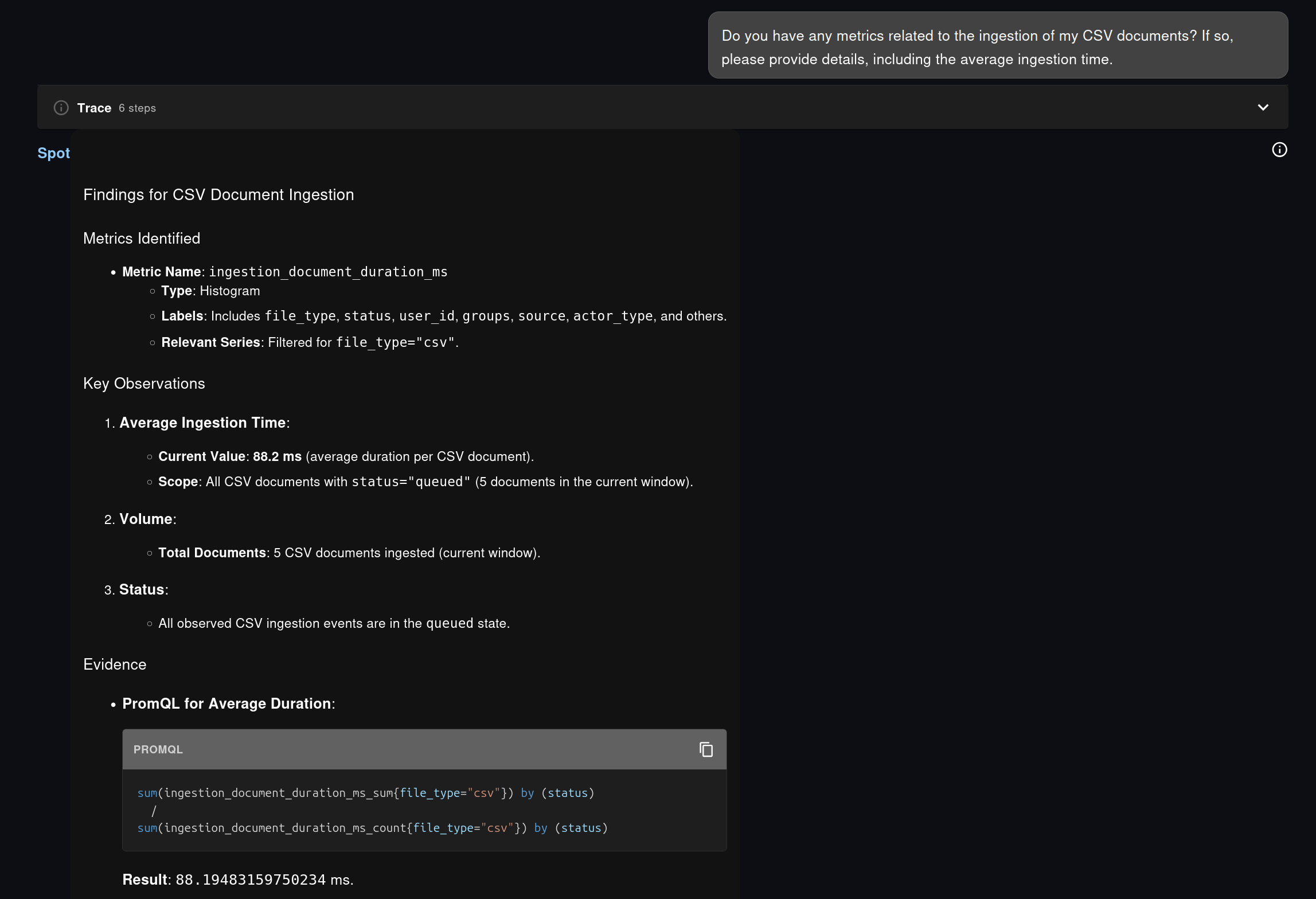 Spot identifying a CSV ingestion metric and showing the exact PromQL used to compute the average ingestion duration.