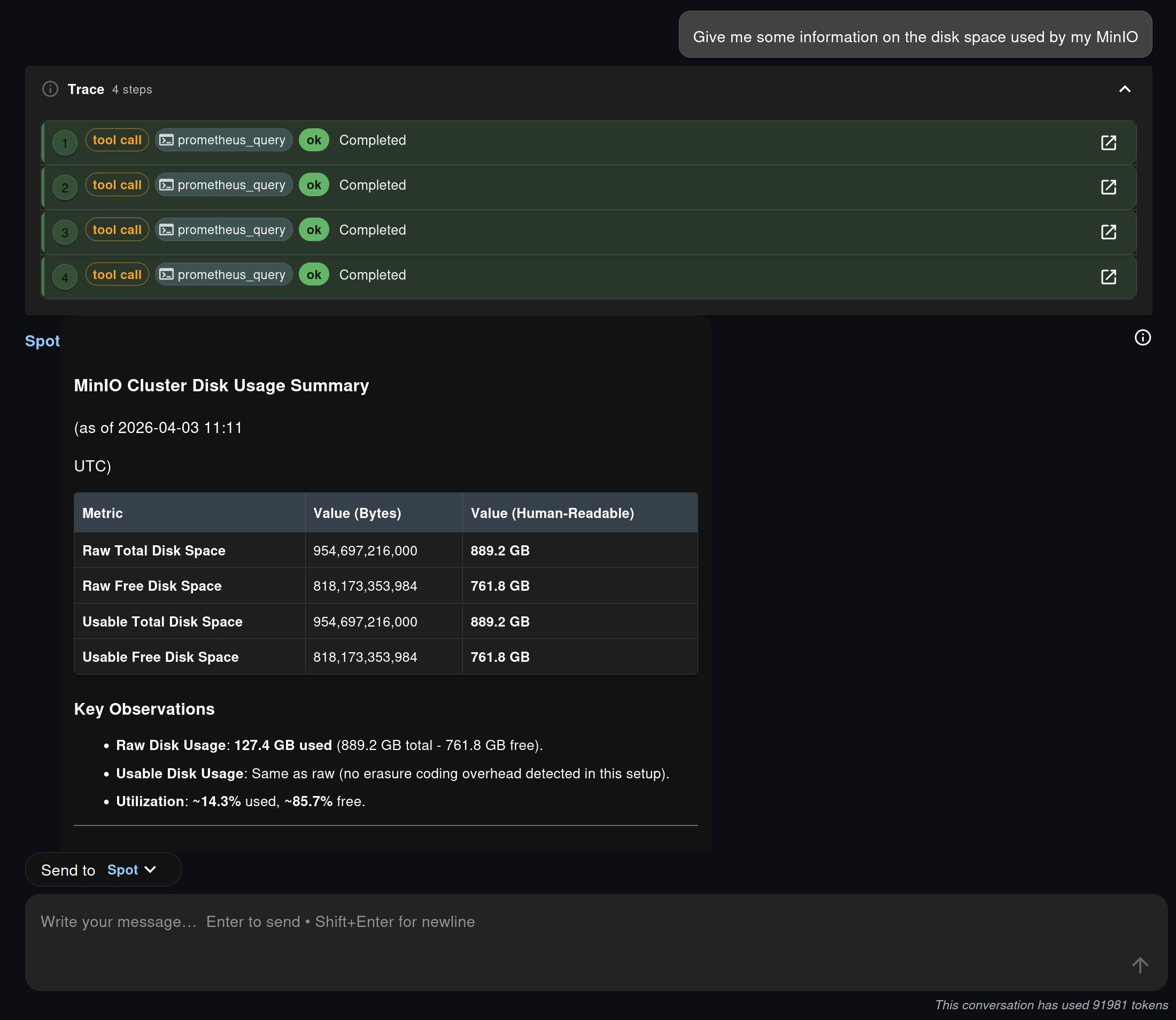 Spot answering a natural-language question about MinIO disk usage after several Prometheus tool calls.