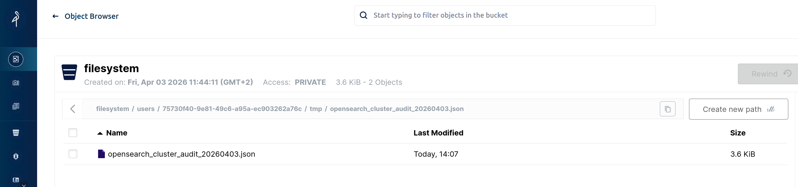 OpenSearch audit report stored in the Fred filesystem browser backed by MinIO.