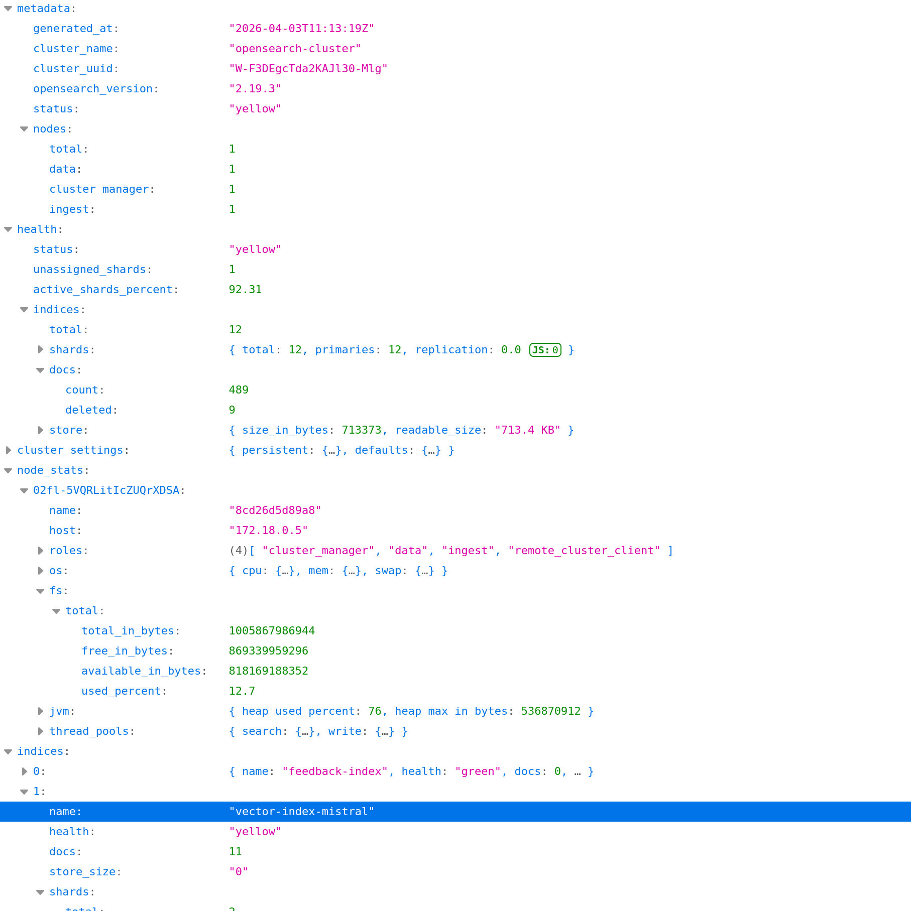 Detailed JSON content of the OpenSearch audit report generated by Spot.