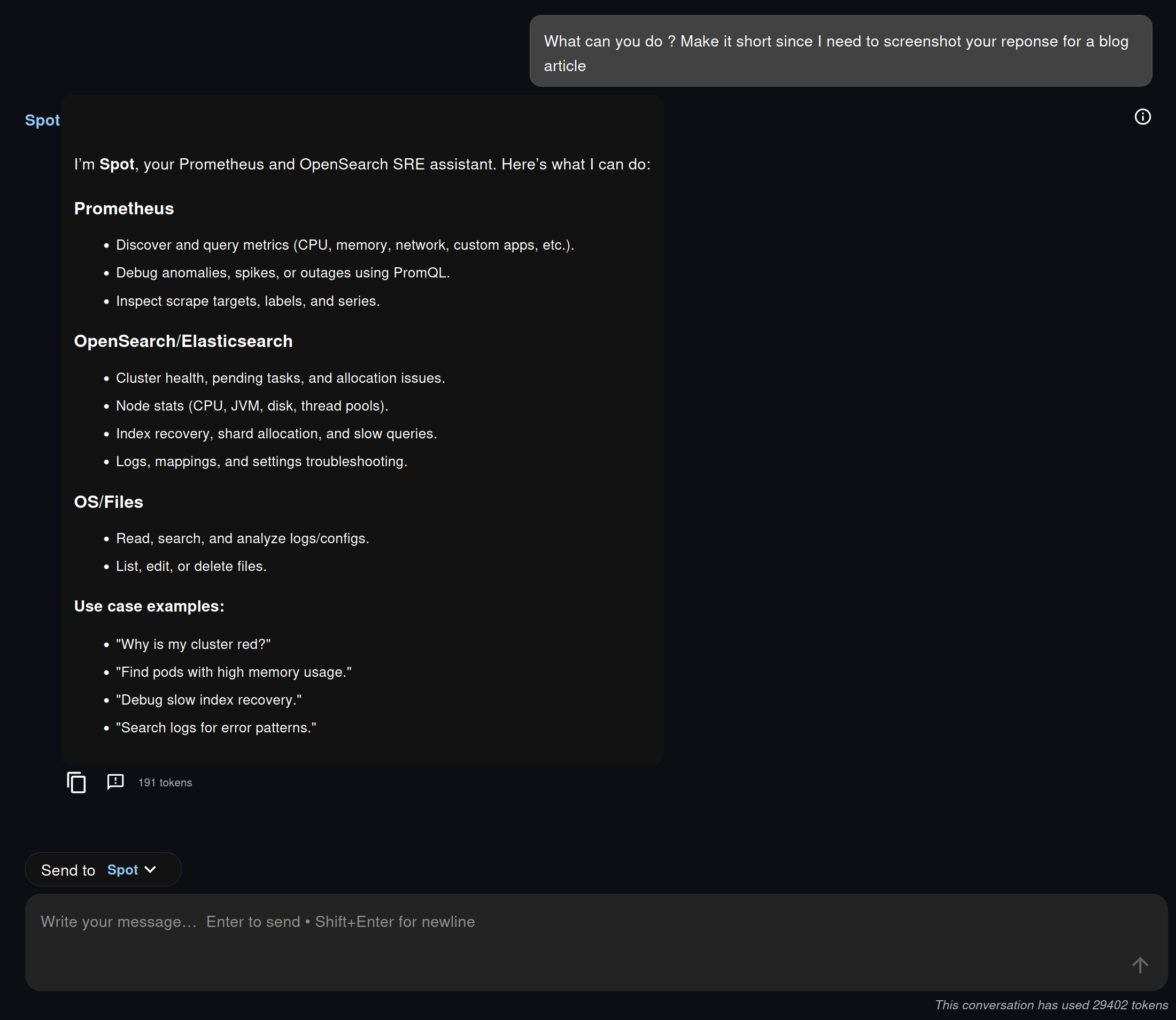 Spot listing its Prometheus, OpenSearch, and filesystem capabilities through MCP-backed tools.